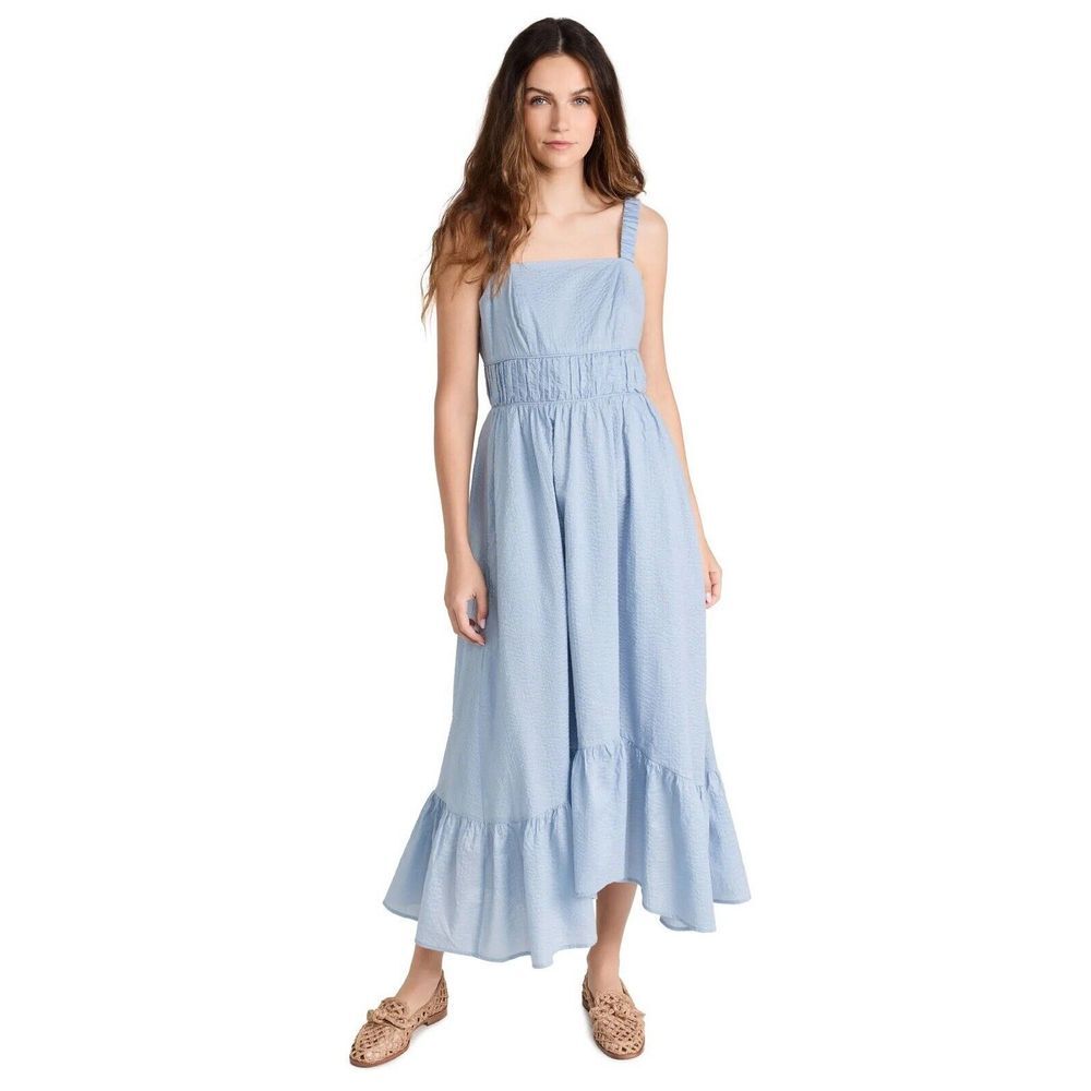 Ayr The Happy Hour Midi Dress Seersucker 100% Cotton Blue Size M Pockets Smocked